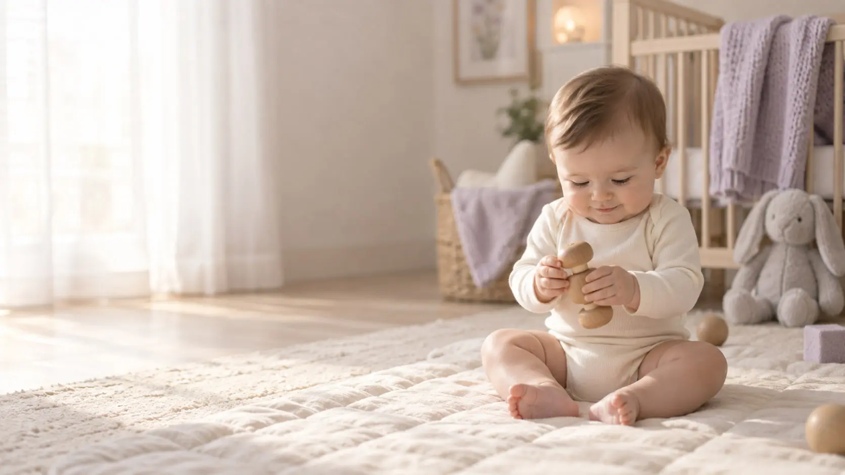 A baby sitting up and playing with a wooden toy in a nursery