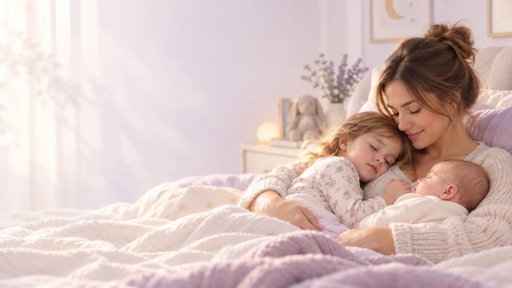 A mother asleep beside her two children