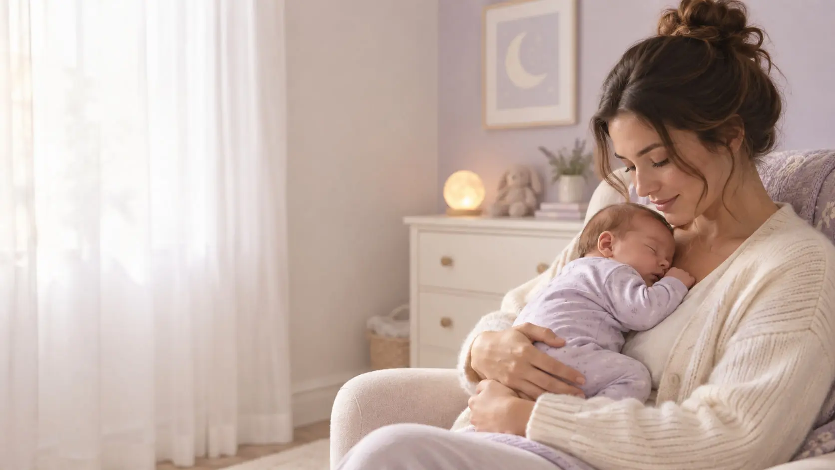 A mom holding her sleeping newborn in a nursery chair