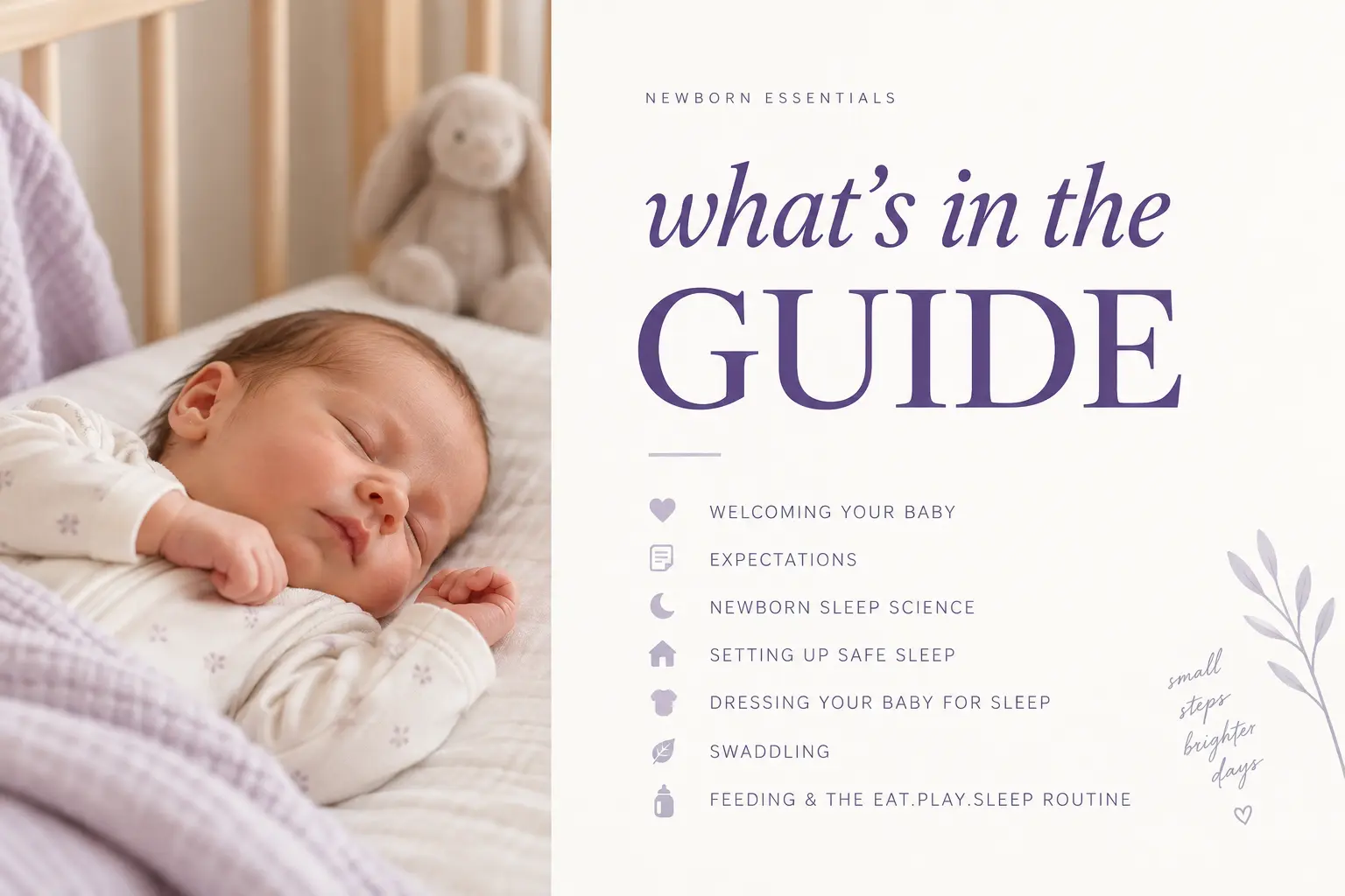 What is inside the Newborn Essentials Sleep Guide: welcoming your baby, expectations, newborn sleep science, safe sleep, dressing for sleep, swaddling, and feeding routines