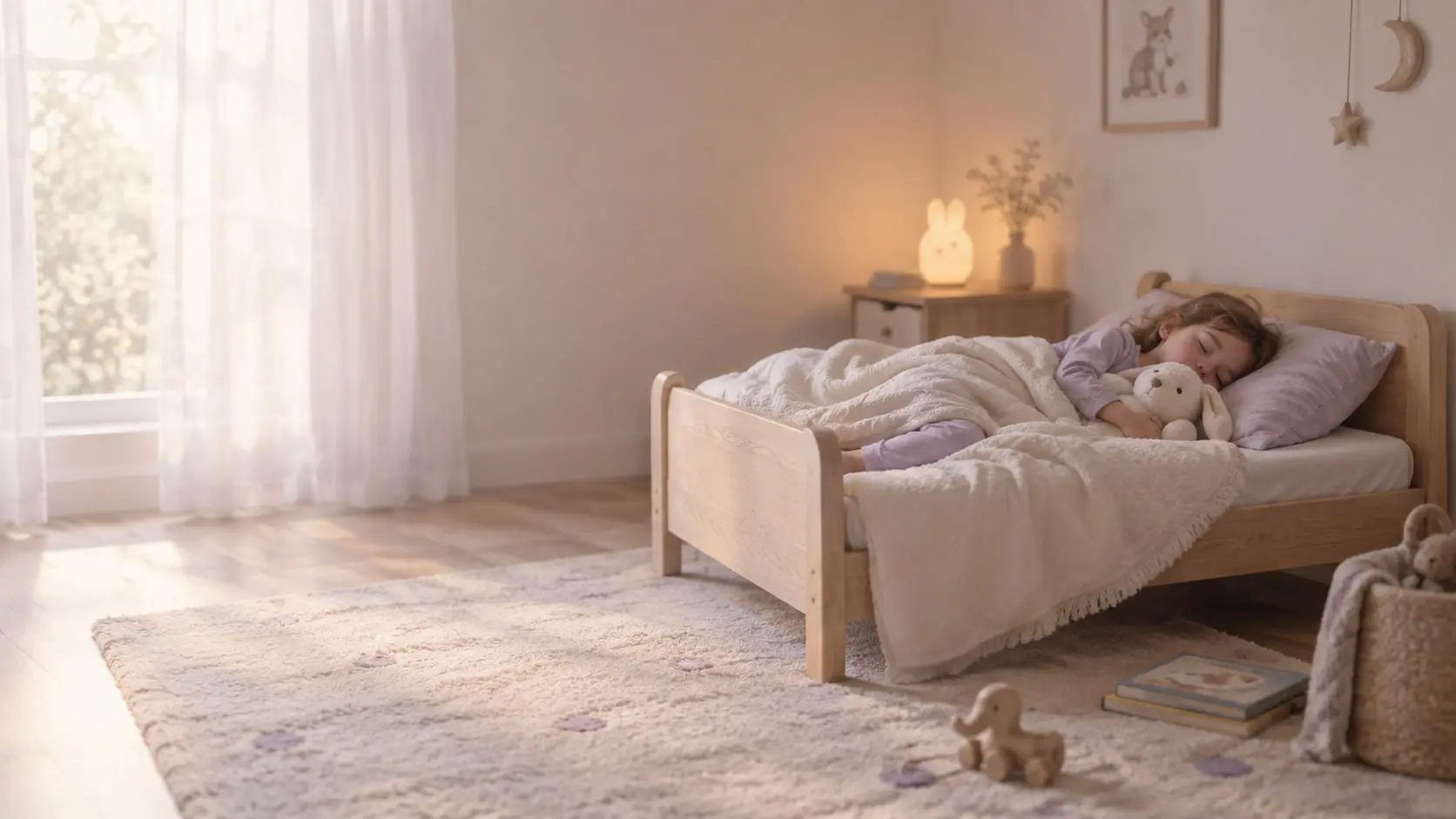 A toddler asleep in a toddler bed, hugging a stuffed animal
